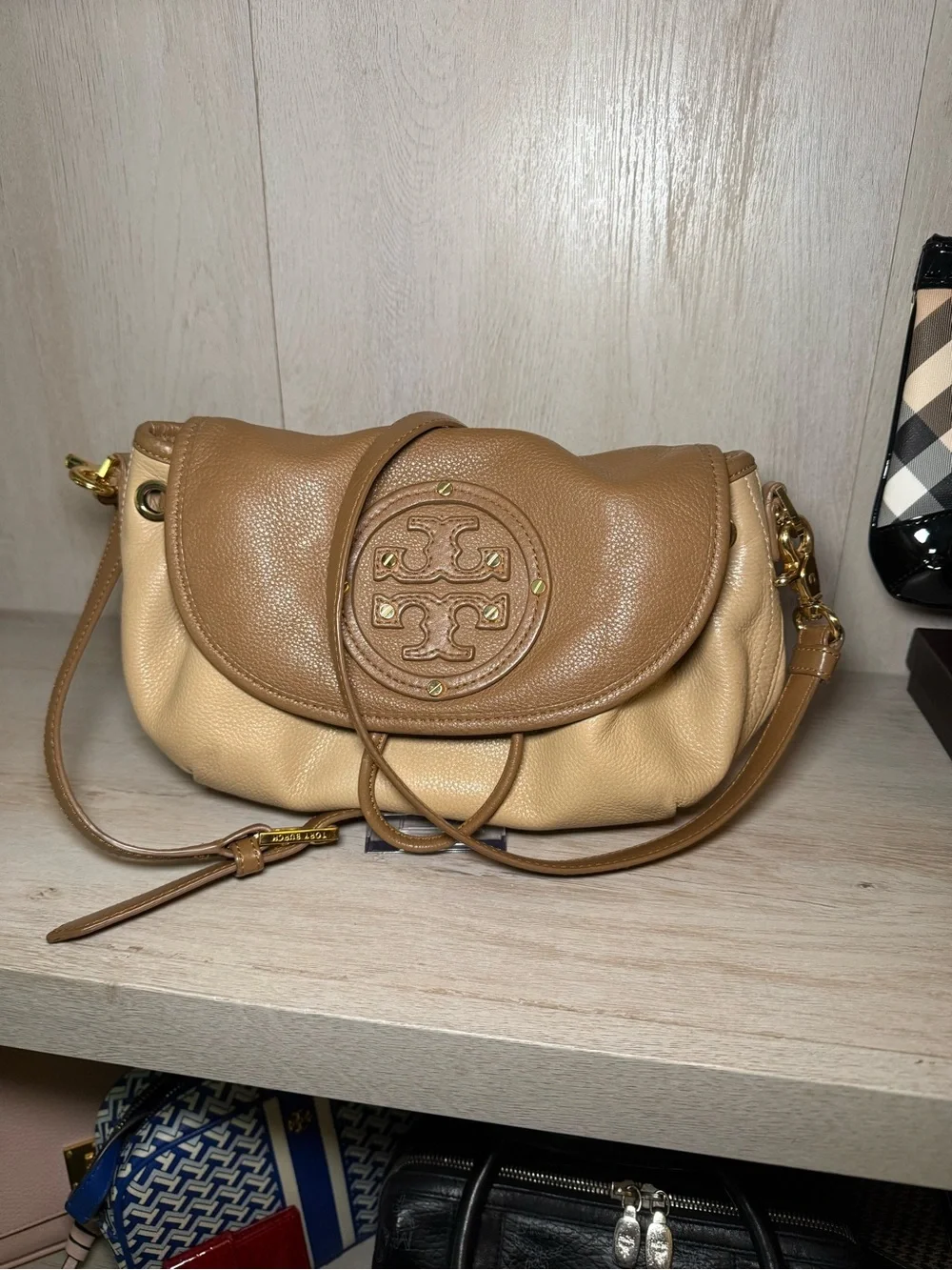 Tory Burch Two-Tone Camel and Beige Pebbled Leather Crossbody